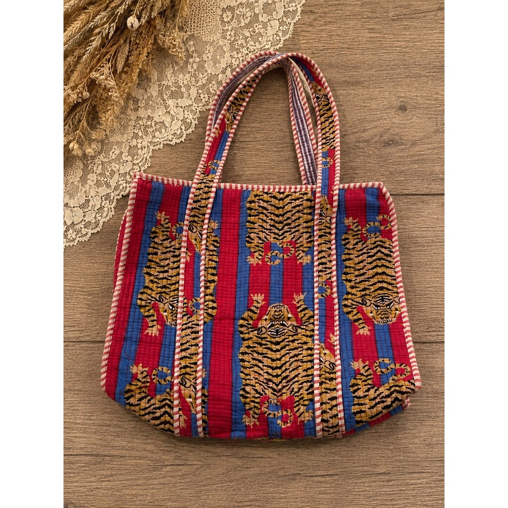 Quilted Tiger Print Tote Bag Zipper Top Boho Eclectic Maximalist Whimsical Retro